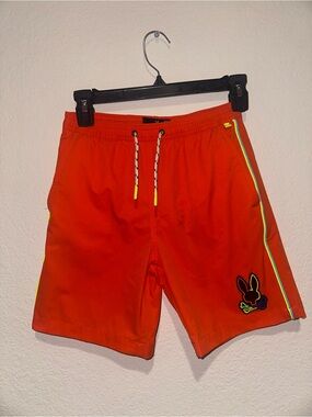 Psycho Bunny Leo Hydrochromic Orange Swim Shorts with Neon Trim. Size 10/12